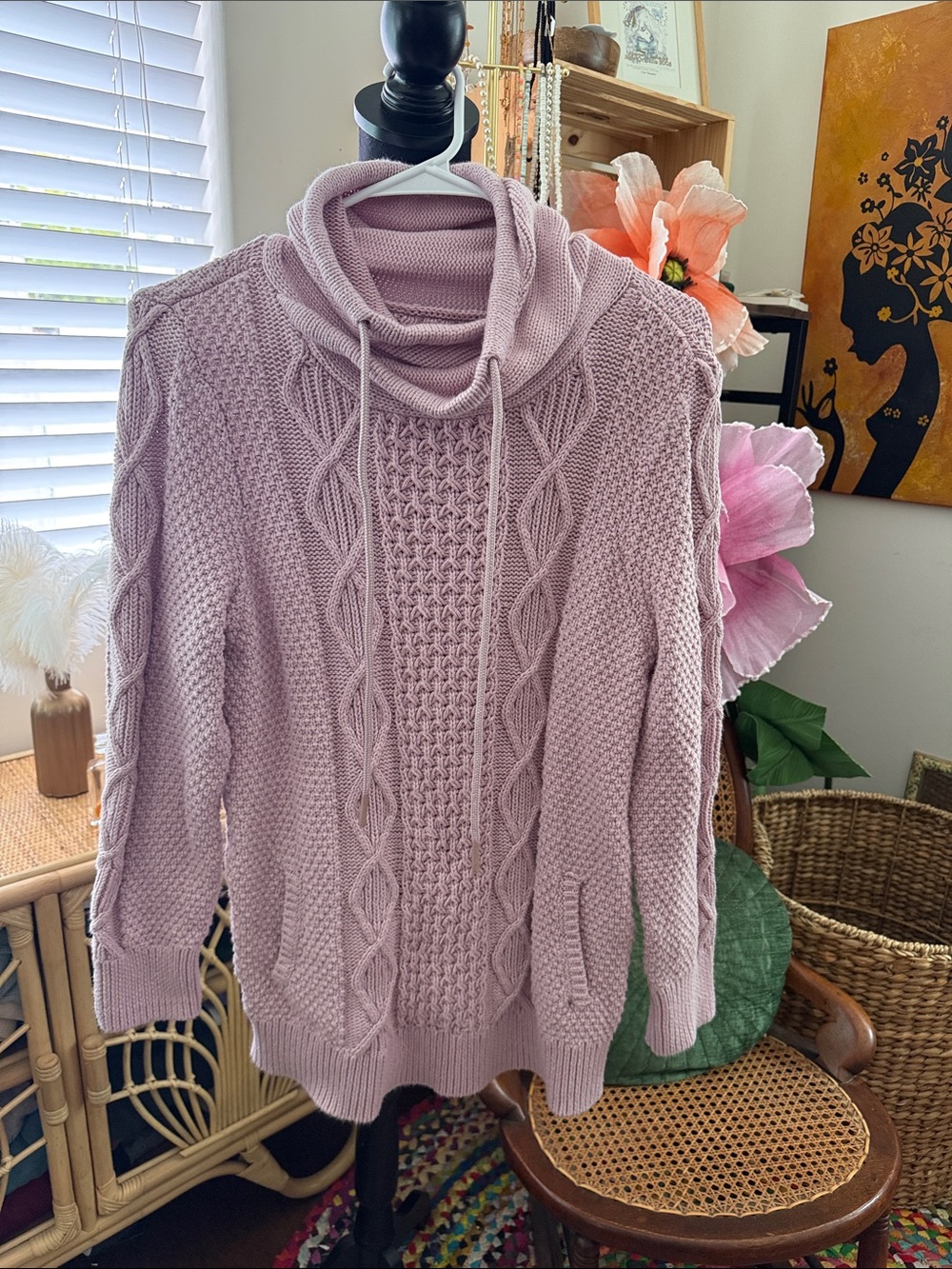 L.L. Bean Lilac Rose Cable Knit Drawstring Funnel Neck Sweater